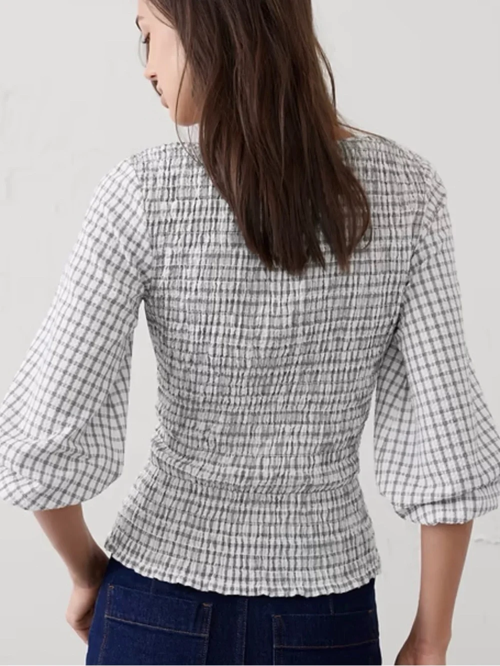 Banana Republic Black and White Gingham Smocked Square-Neck Blouse